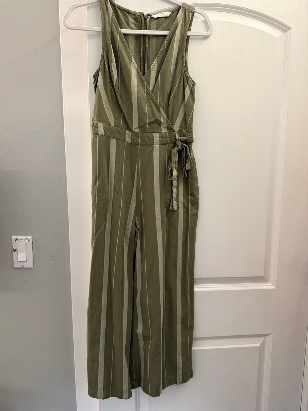 Sleeveless Olive Green Striped Wrap Jumpsuit